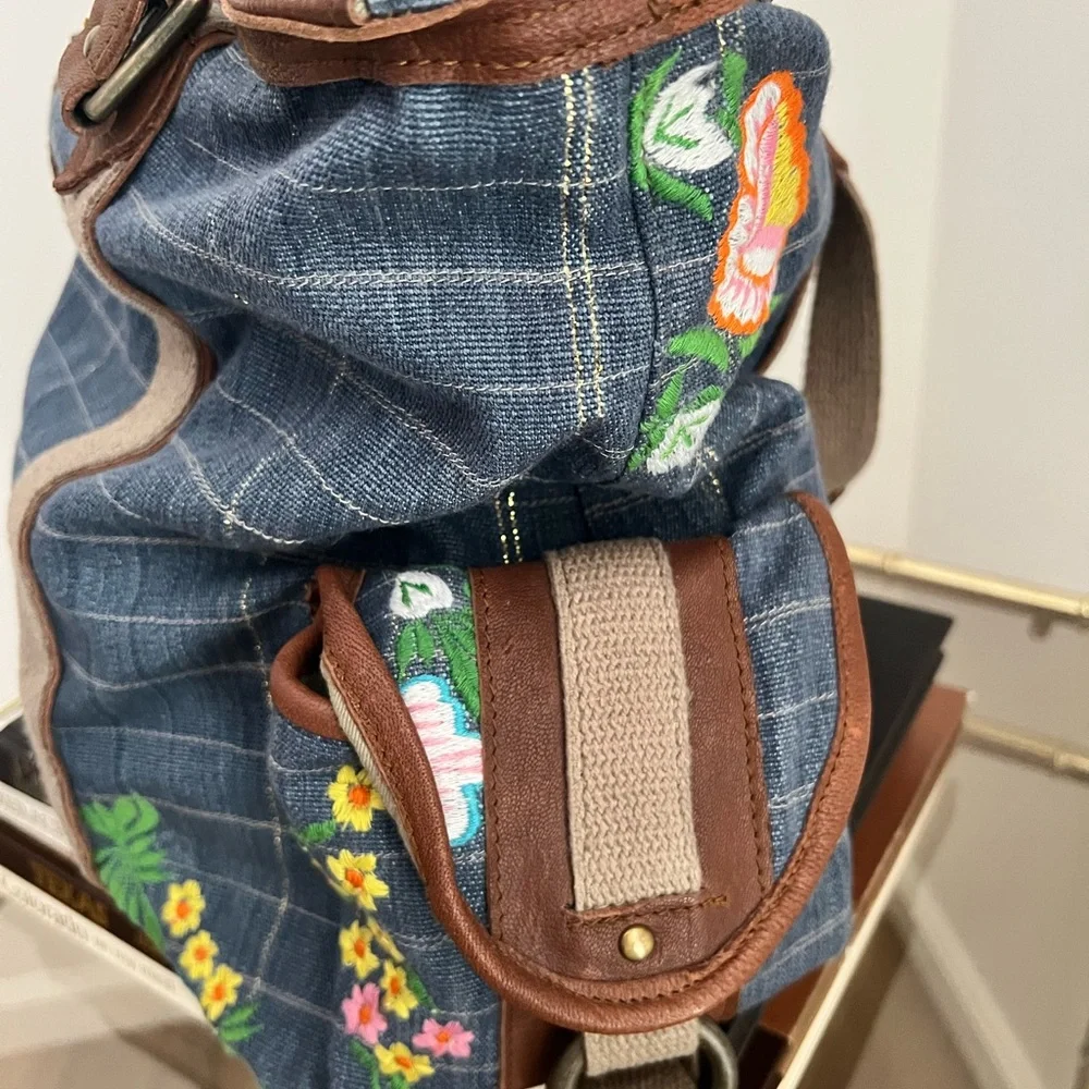 Free People Embroidered Blue Checkered Denim Women's Bag Spring Summer Festival - Picture 8 of 13